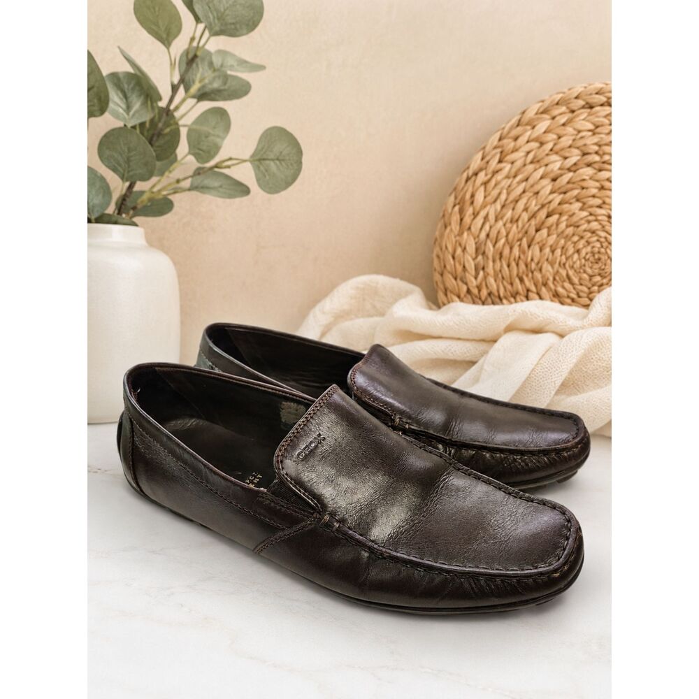 GEOX Men’s Brown Leather Slip On Loafers Breathes Size EU 43 Comfort Shoes